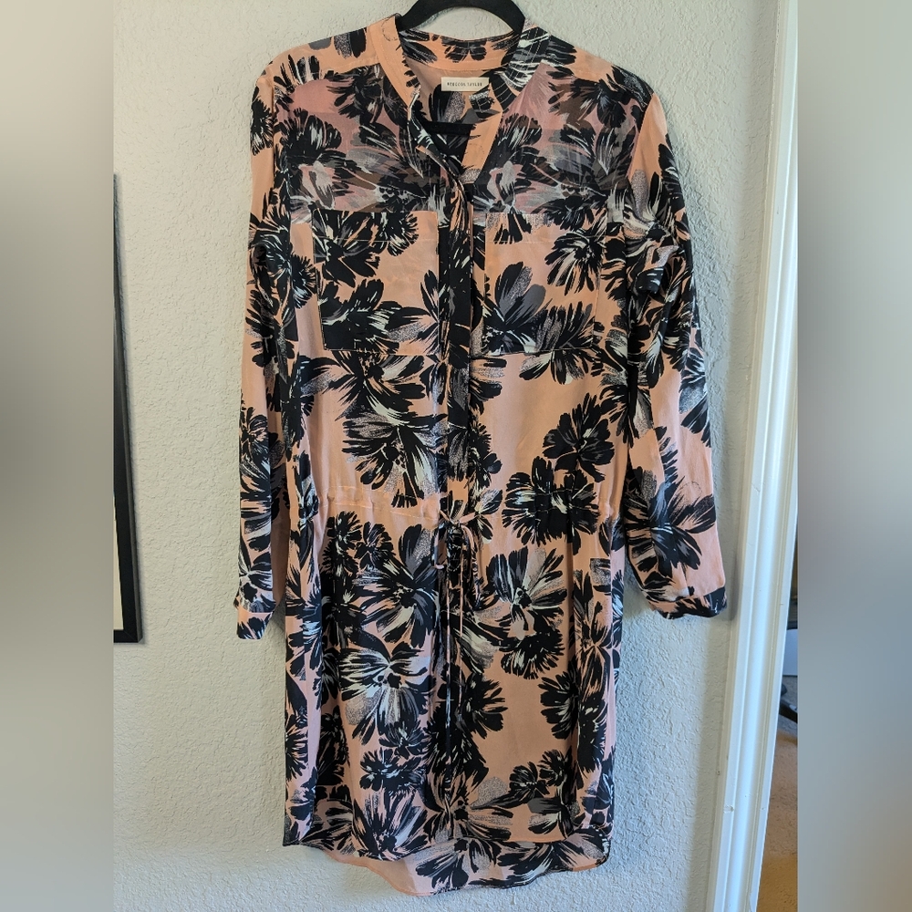 Rebecca Taylor Split Wood Rose Coral Shirt Dress Silk Size 6 Long Sleeves
